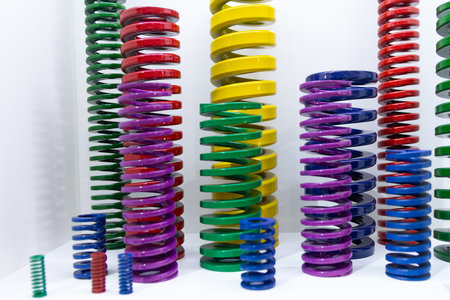 Various colorful metal springs on the exhibition stand. Industry