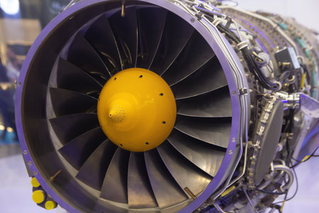 Modern aviation engine at the exhibition stand.