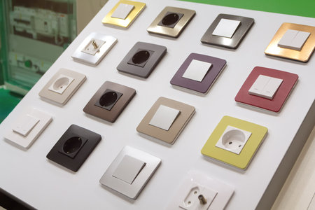 Various electrical switches and sockets on the stand in the household store.