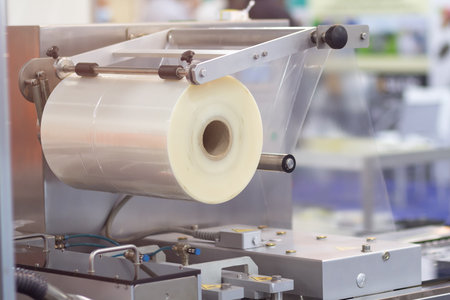 A machine with a large roll of plastic packaging film in a factory. Industry