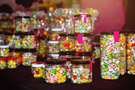 Colored candies on the counter at the mom-and-pop store. Sweetの写真素材