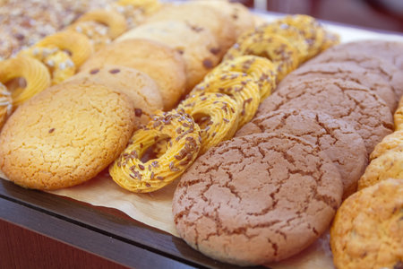 Various delicious cookies on the confectionery counter. Sweetの写真素材