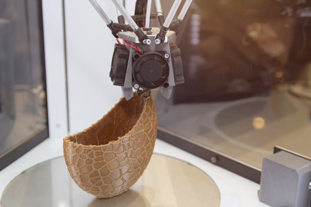 3D printer depositing material to create a textured, light beige form. Industry