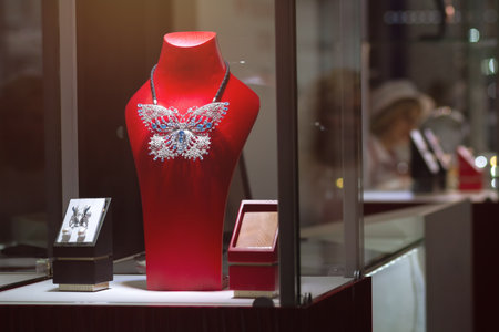 Various jewels on the jewelry shop window. Jewelry storeの写真素材