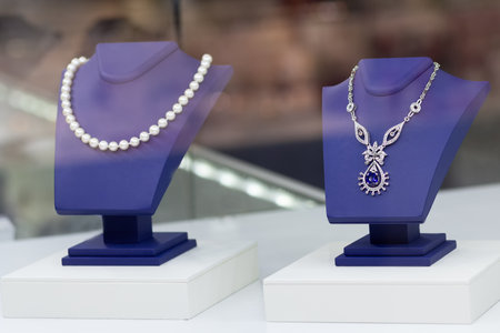 Jewelry in the display case. Jewelry shopの写真素材