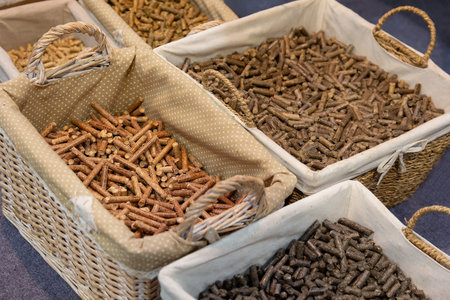 Wicker baskets with different kinds of pelleted compound feed on agricultural exhibition. Industryの写真素材