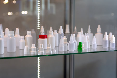 Small white plastic bottles on a display shelf. Industryの写真素材