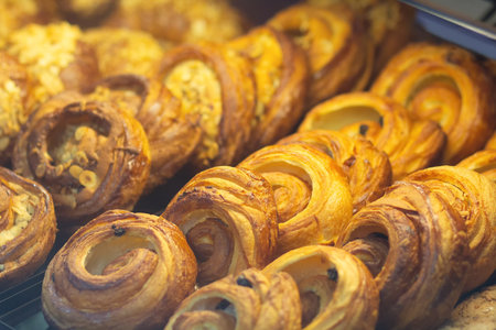 Delicious pastries on a bakery window. Foodの写真素材