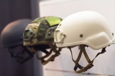Modern tactical military helmets in showcase. Military marketの写真素材