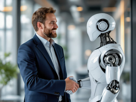 A man in a business suit shakes hands with a humanoid robot. AI generated imageの素材