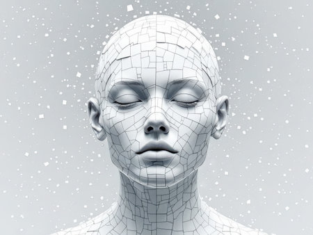 Abstract human face made of mosaic tiles. Concept of digital identity and technology. AI generated imageの素材