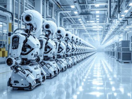 Row of humanoid robots in a high-tech manufacturing facility. AI generated imageの素材