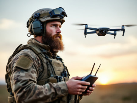 Soldier in tactical gear operating a drone. AI generated imageの素材
