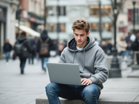 Young person using laptop outdoors urban setting. AI generated imageの素材