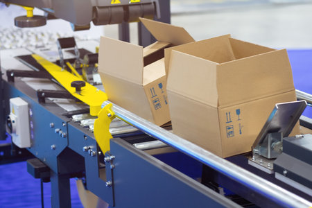 Cardboard boxes on conveyor belt. Industry