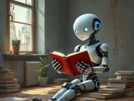Humanoid robot reading book in cozy vintage room. AI generated imageの素材