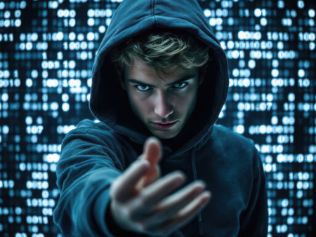 Hooded hacker in front of a binary code background. Hacking concept. AI generated imageの素材