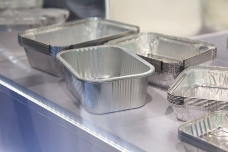 Food aluminum containers in the showroom. Industryの写真素材