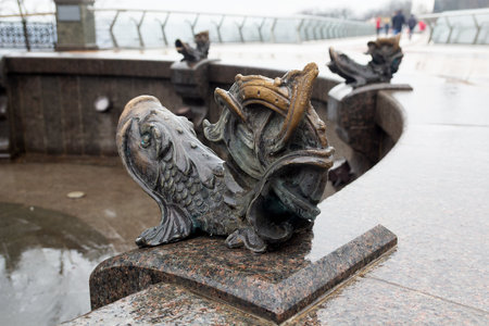 Bronze fish statue, traditional fountain decoration. Kyiv, Ukraineの写真素材