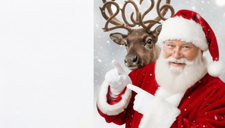 Joyful Santa Claus with a funny deer with antlers in the shape of the numbers 2026 pointing to empty space. AI generated imageの素材