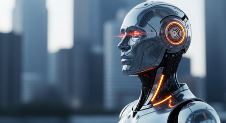 futuristic humanoid robot with metallic body standing in cityscape. AI generated imageの素材
