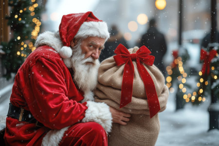 Tired Santa Claus with a bag of gifts resting on a city street. AI generated imageの素材