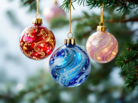 Close-up of Christmas ornaments hanging on a green tree with glowing bokeh lights in the background, creating a warm and festive holiday atmosphere. AI generated imageの素材