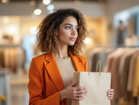 Beautiful woman with curly hair with a paper bag in a clothing store. AI generated imageの素材