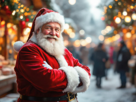 Santa Claus in his traditional red suit, standing outdoors at night with glowing Christmas lights in the background. AI generated imageの素材