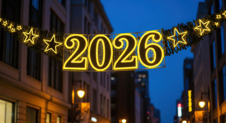 Garland with the number 2026 on an evening city street. AI generated imageの素材