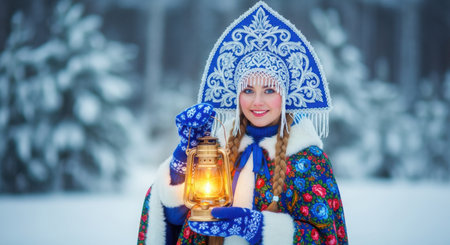 Russian woman in traditional costume with a lamp in his hands in a winter park. AI generated imageの素材