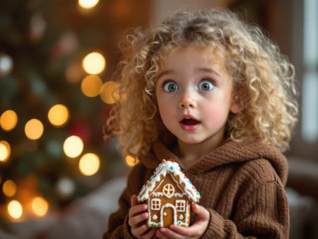 Curly-haired child holding gingerbread house, cozy festive atmosphere, warm bokeh lights. Christmas tradition, childhood wonder. AI generated imageの素材