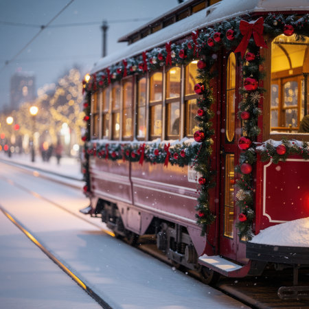 Vintage red tram decorated with Christmas garlands, bows and lights at festive city street. AI generated imageの素材