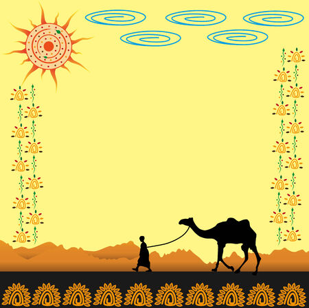 Silhouette of a boy with a camel in the desertのイラスト素材