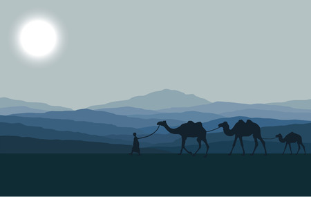 Caravan with camels in desert with mountains on background. Vector illustrationのイラスト素材