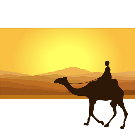 Caravan with camels in desert with mountains on background. Vector illustrationのイラスト素材