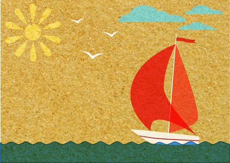 sunny day and a sailboat at sea on a background of mountainsのイラスト素材