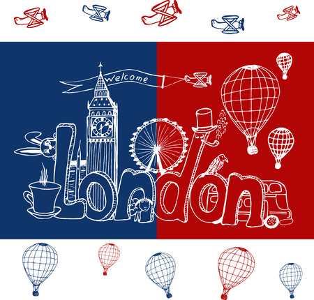 Freehand sketch. Name of London with national symbols on the backgroundのイラスト素材