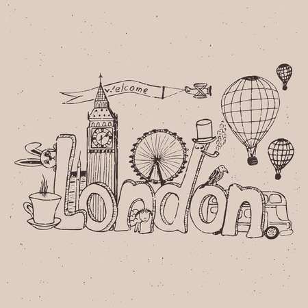 Freehand sketch. Name of London with national symbols on the backgroundのイラスト素材