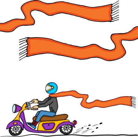 Dude on Motorcycle. Man in helmet riding vintage looking mopedのイラスト素材