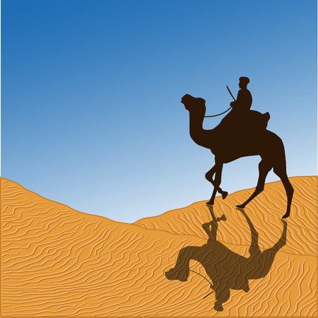 Caravan with camels in desert with dunes on background. Vector illustrationのイラスト素材