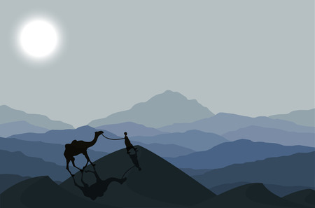 Caravan with camels in desert with dunes on background. Vector illustrationのイラスト素材