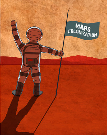 Mars colonization. Astronaut on the planet. Colour poster, illustrationのイラスト素材