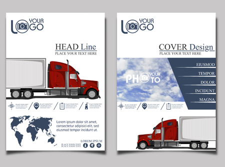 Trucking. Flyer with red truck. Flyer design template vector. Leaflet cover presentation background.のイラスト素材