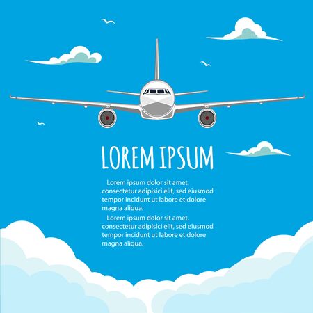 Commercial flights in airplanes. Tourist and business flights. Passenger plane. Empty space for text. Flyer design. Vector illustration. Blue backgroundのイラスト素材