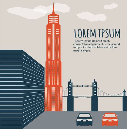 Minimalistic cityscape banner. Abstract minimal style architecture background. Modern building facade detail. City landscape concept illustration. Retro colors stylizationのイラスト素材