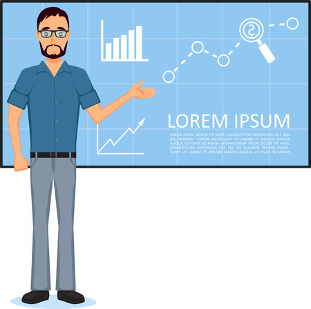 Business man making presentation in front of whiteboard with infographics. Business people character isolated vector illustration.のイラスト素材