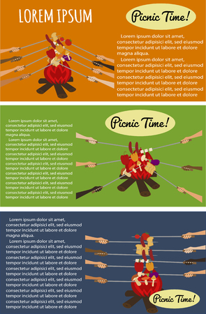 Picnic poster set with human hands around campfireのイラスト素材