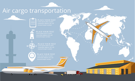 Aviation poster with jet airplane in airport. Commercial air shipment, fast freight delivery, global cargo transportation. Worldwide tourist and business flights, low cost airline vector illustration.のイラスト素材