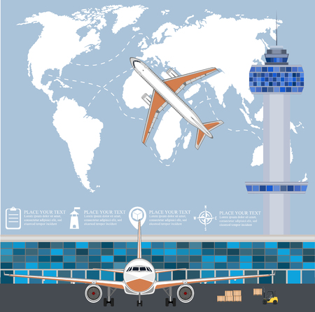 Aviation poster with jet airplane in airport. Commercial air shipment, fast freight delivery, global cargo transportation. Worldwide tourist and business flights, low cost airline vector illustration.のイラスト素材